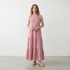 Pink Cotton Flax V-Neck Maxi Tier Dress