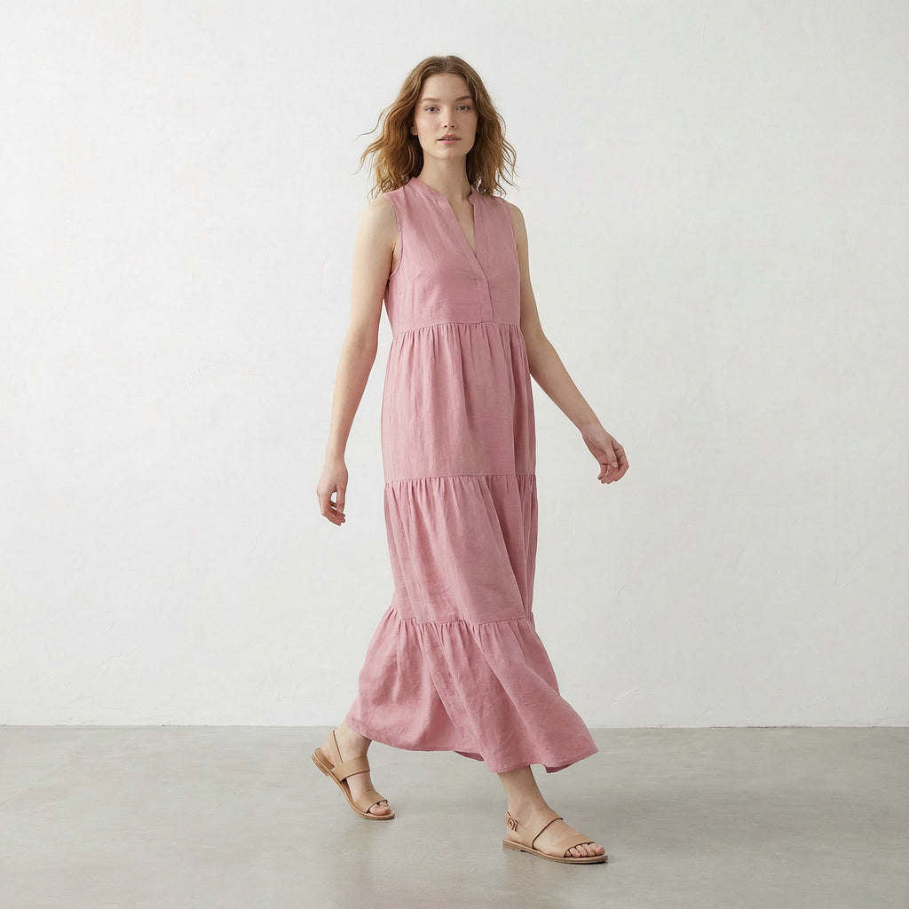 Pink Cotton Flax V-Neck Maxi Tier Dress