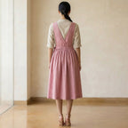 Pink Cotton Flax V-Neck Pinafore Midi Wrap Dress