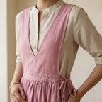 Pink Cotton Flax V-Neck Pinafore Midi Wrap Dress