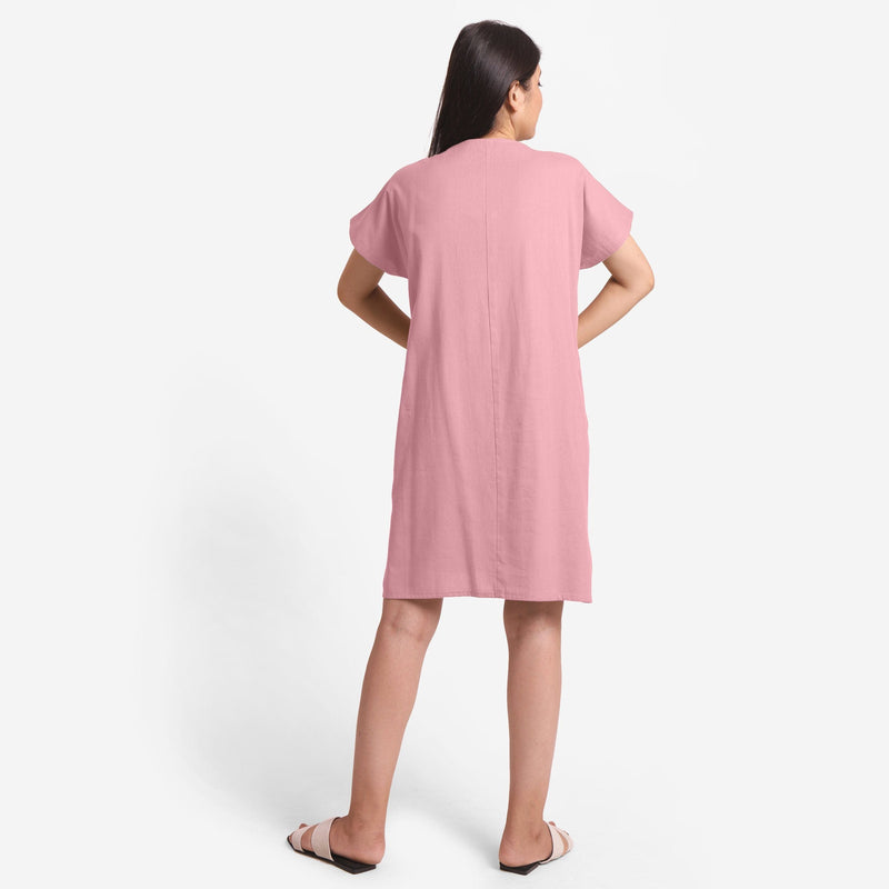 Back View of a Model wearing Pink Cotton Flax V-Neck Tunic