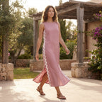 Pink Cotton Flax Wavy Stripe Maxi Shift Dress
