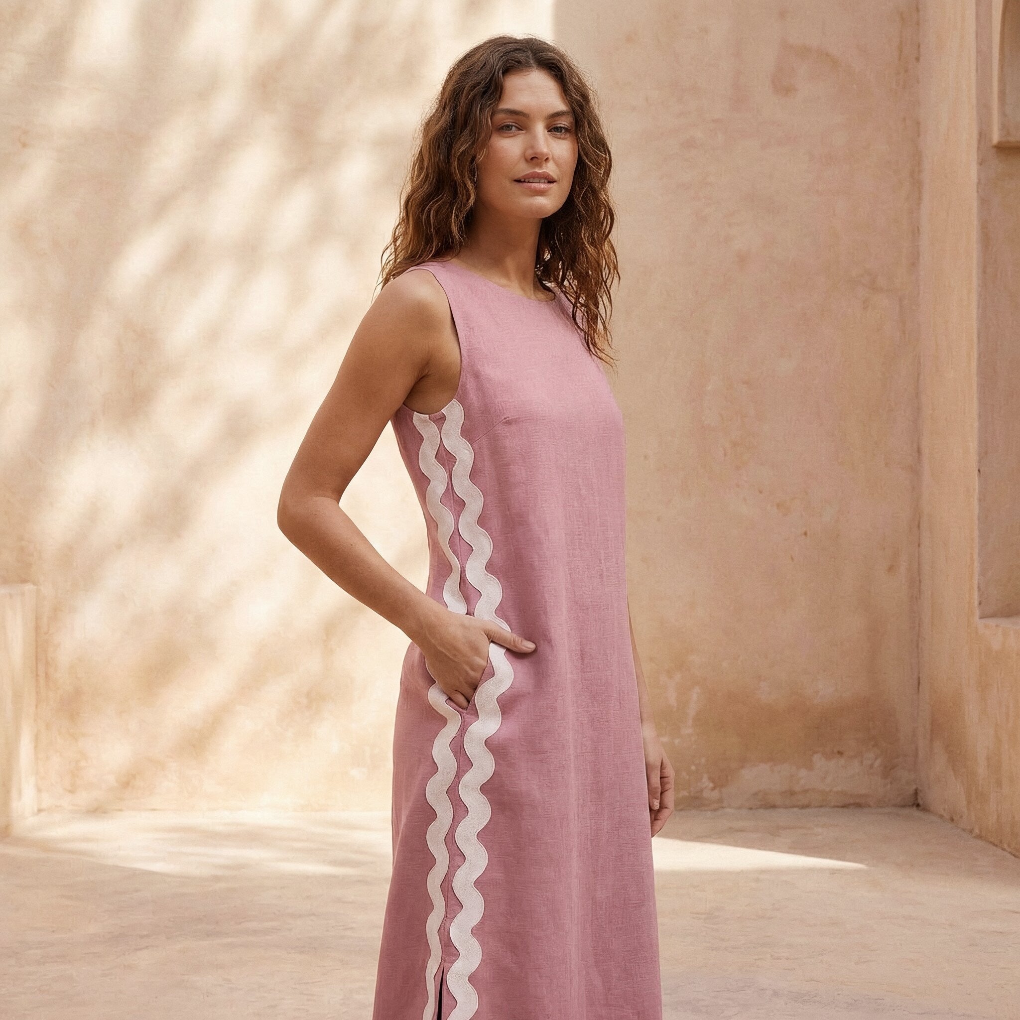 Pink Cotton Flax Wavy Stripe Maxi Shift Dress