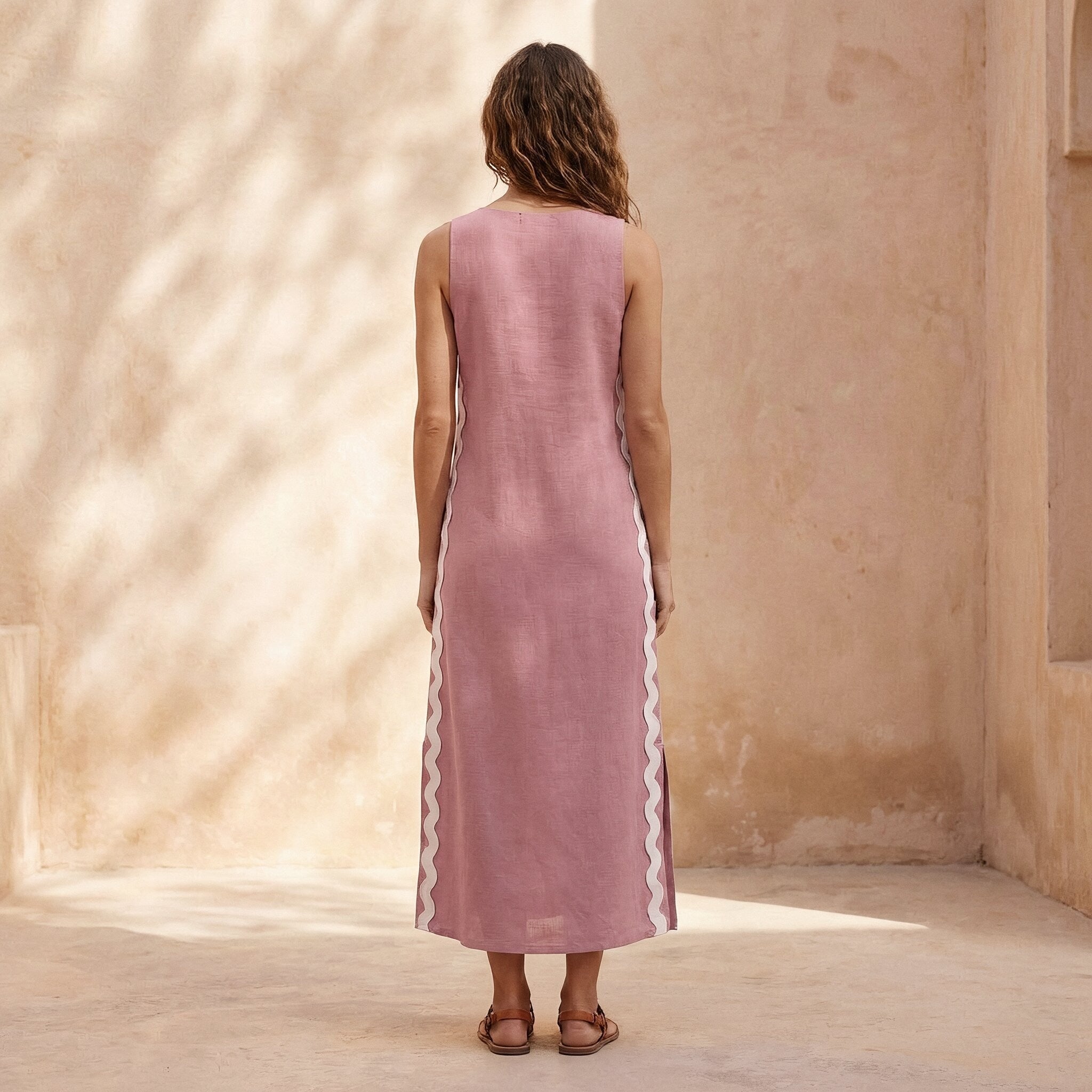Pink Cotton Flax Wavy Stripe Maxi Shift Dress