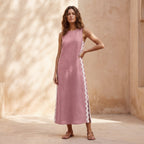 Pink Cotton Flax Wavy Stripe Maxi Shift Dress
