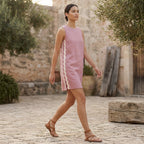 Pink Cotton Flax Wavy Stripe Short Shift Dress