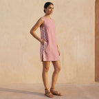 Pink Cotton Flax Wavy Stripe Short Shift Dress