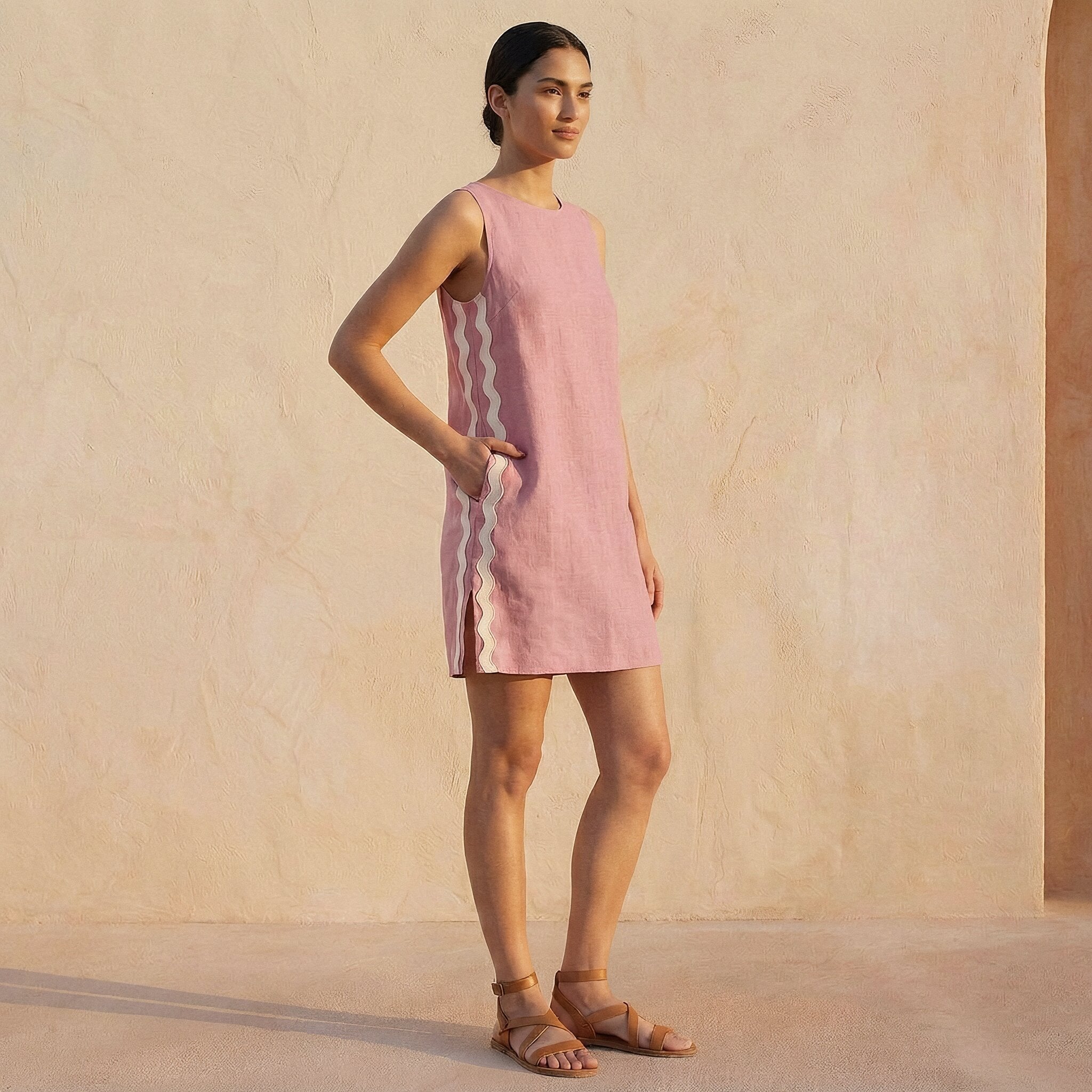 Pink Cotton Flax Wavy Stripe Short Shift Dress