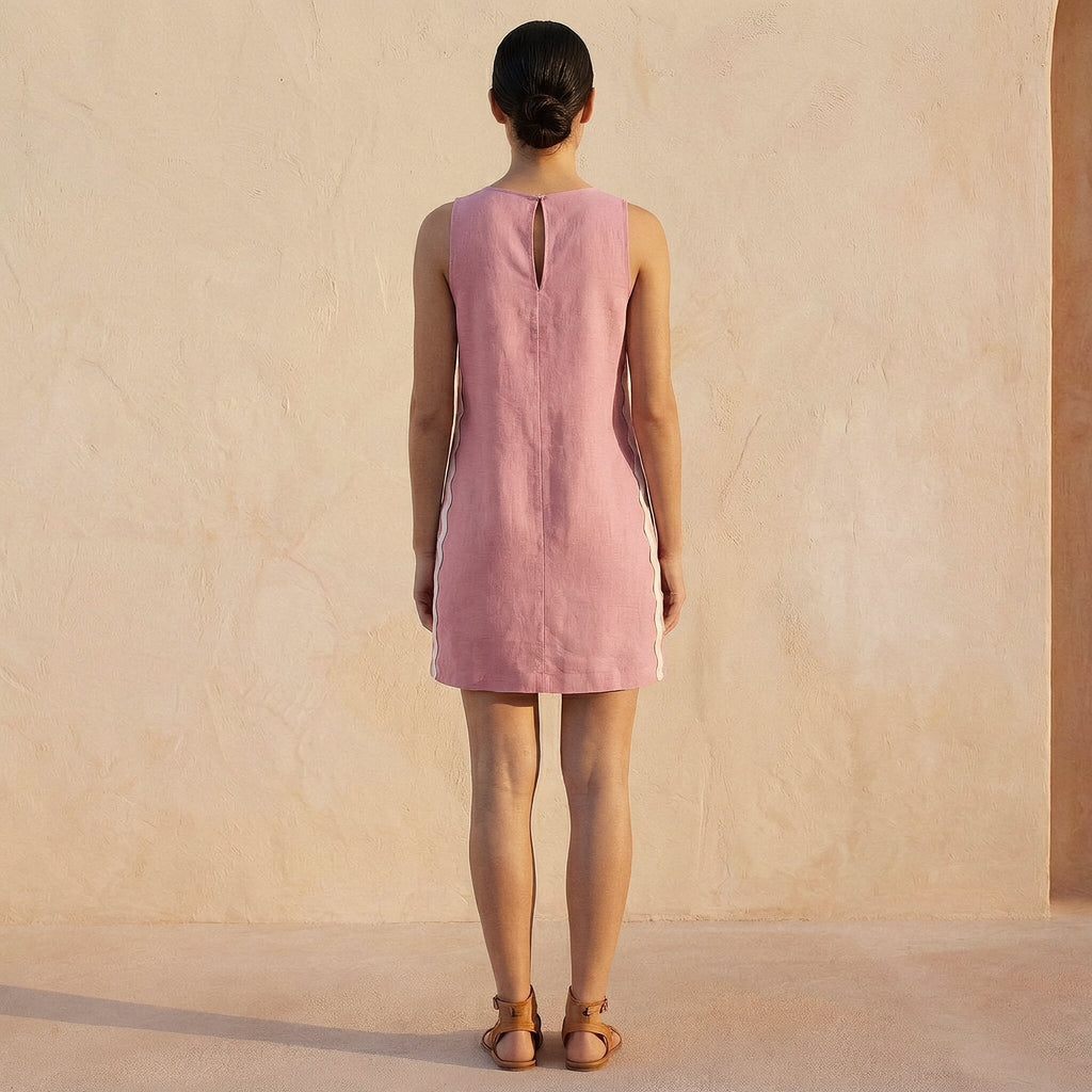 Pink Cotton Flax Wavy Stripe Short Shift Dress