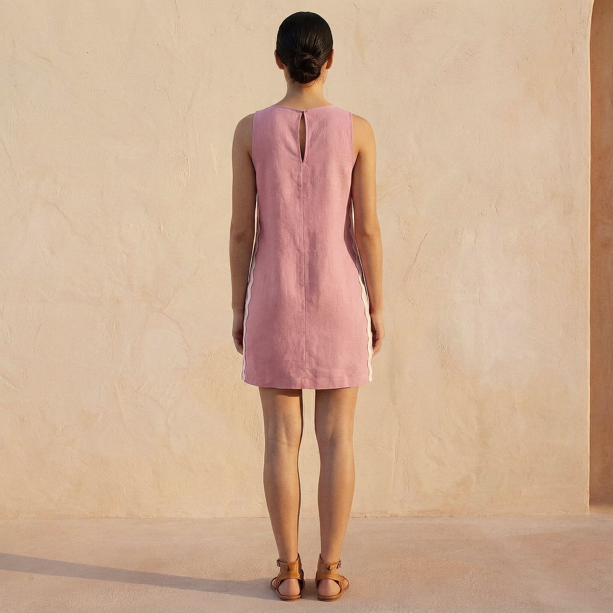 Pink Cotton Flax Wavy Stripe Short Shift Dress