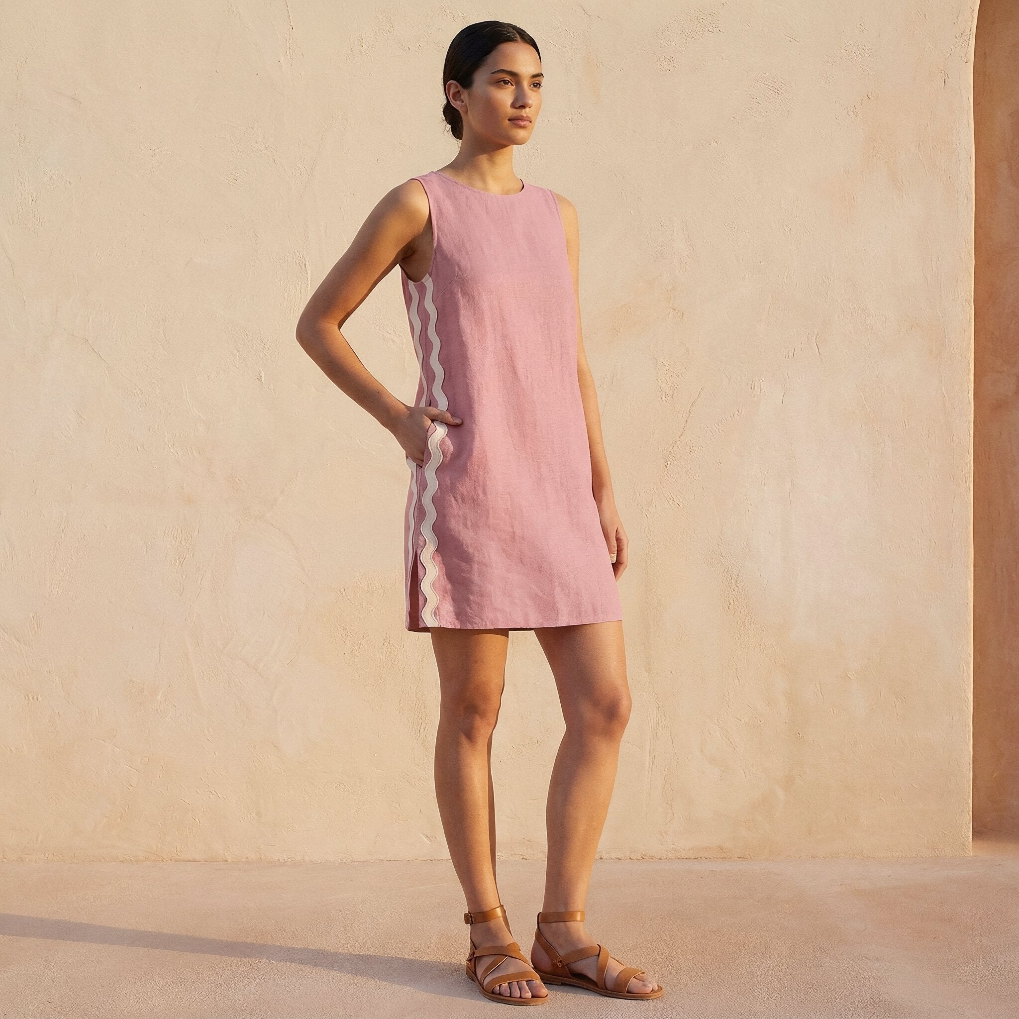 Pink Cotton Flax Wavy Stripe Short Shift Dress