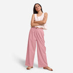 Front View of a Model wearing Pink Cotton Flax Wide Legged Straight Pant
