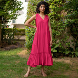 Pink Cotton Poplin A-Line Deep Neck Sleeveless Maxi Dress