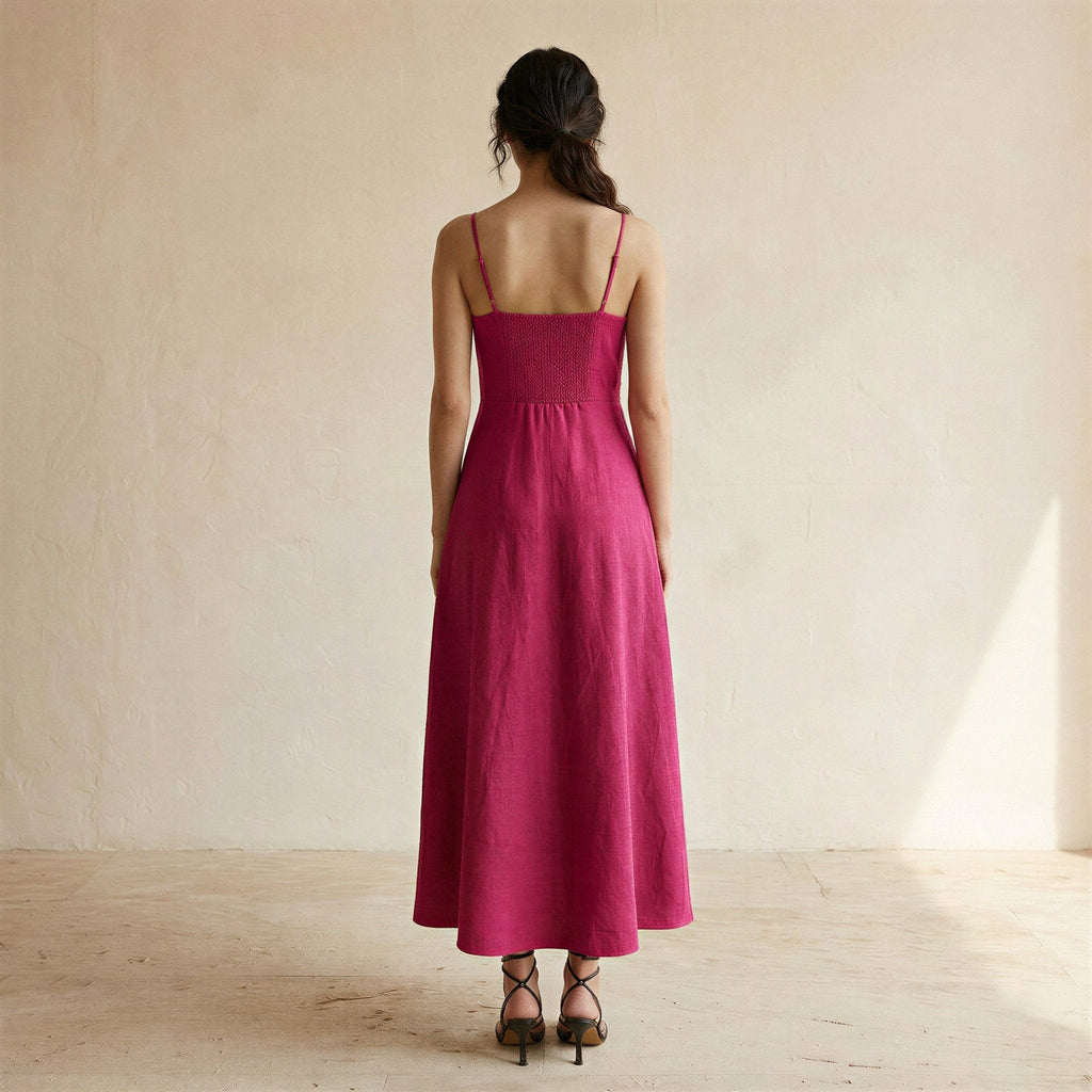 Pink Cotton Poplin Ankle Length Flared Sundress