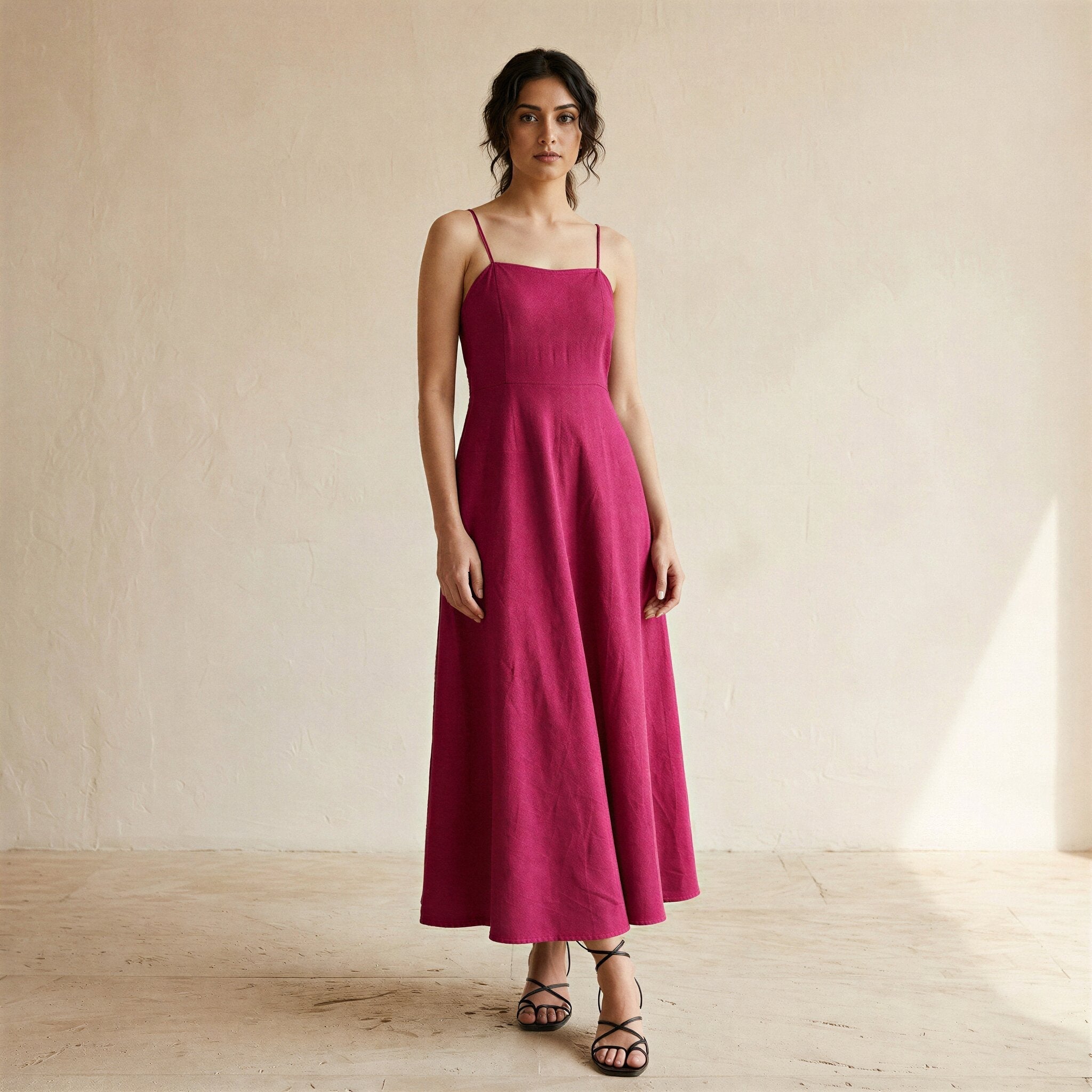 Pink Cotton Poplin Ankle Length Flared Sundress
