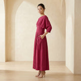 Pink Cotton Poplin Cinched Waist Flared Maxi Dress