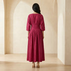 Pink Cotton Poplin Cinched Waist Flared Maxi Dress
