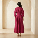 Pink Cotton Poplin Cinched Waist Flared Maxi Dress