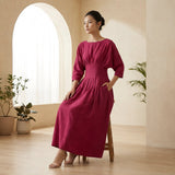 Pink Cotton Poplin Cinched Waist Flared Maxi Dress