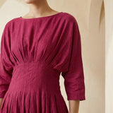 Pink Cotton Poplin Cinched Waist Flared Maxi Dress