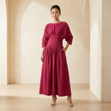 Pink Cotton Poplin Cinched Waist Flared Maxi Dress