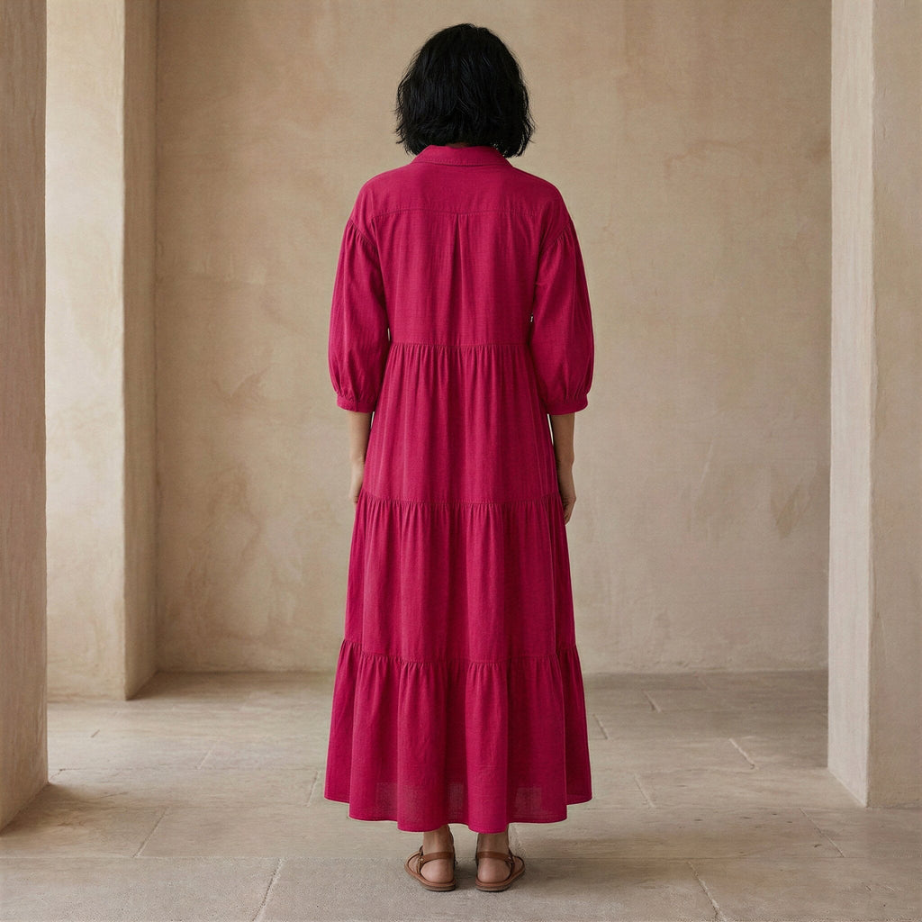 Pink Cotton Poplin Deep-V Maxi Tier Dress