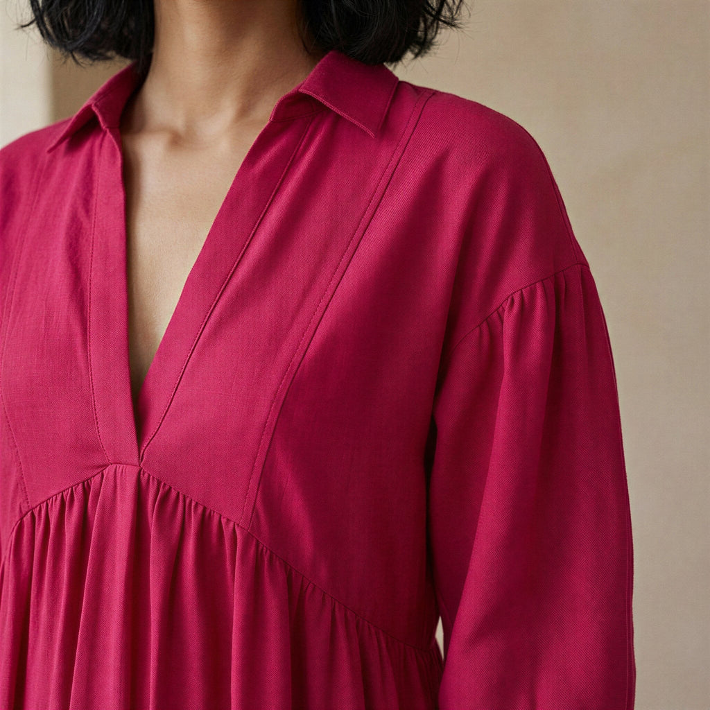 Pink Cotton Poplin Deep-V Maxi Tier Dress
