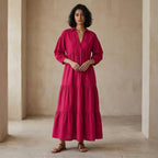 Pink Cotton Poplin Deep-V Maxi Tier Dress