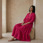 Pink Cotton Poplin Deep-V Maxi Tier Dress