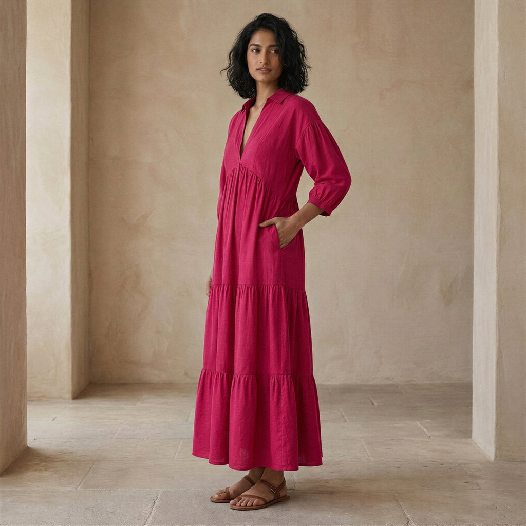 Pink Cotton Poplin Deep-V Maxi Tier Dress