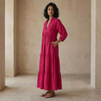 Pink Cotton Poplin Deep-V Maxi Tier Dress