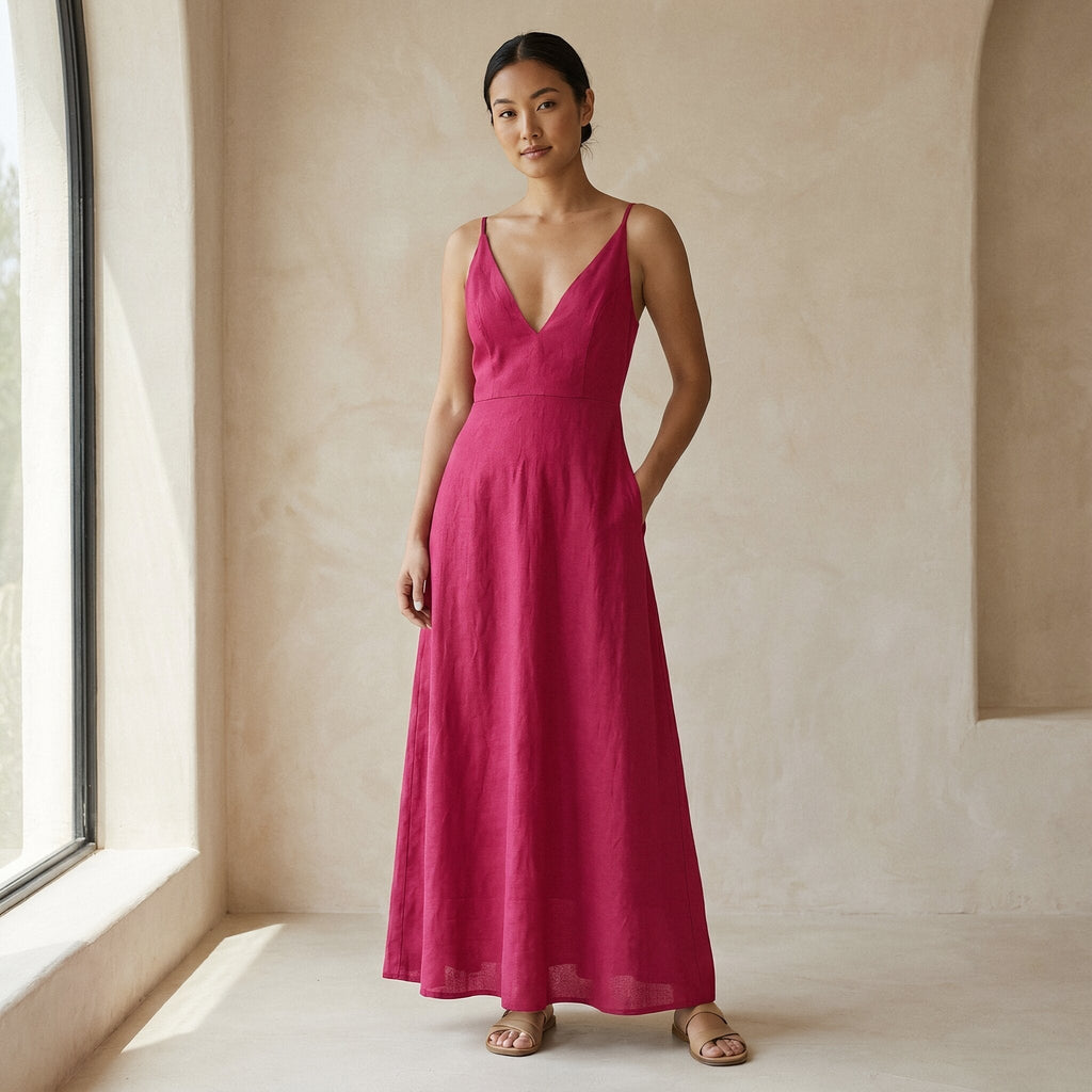 Pink Cotton Poplin Deep V-Neck Cami Maxi Dress