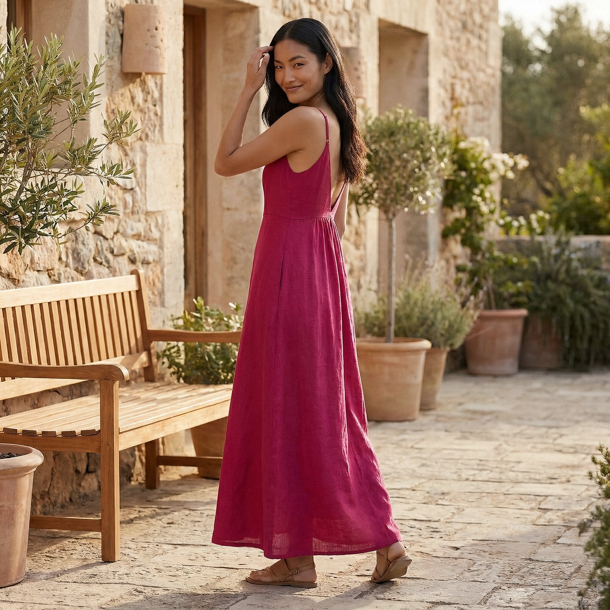 Pink Cotton Poplin Deep V-Neck Cami Maxi Dress