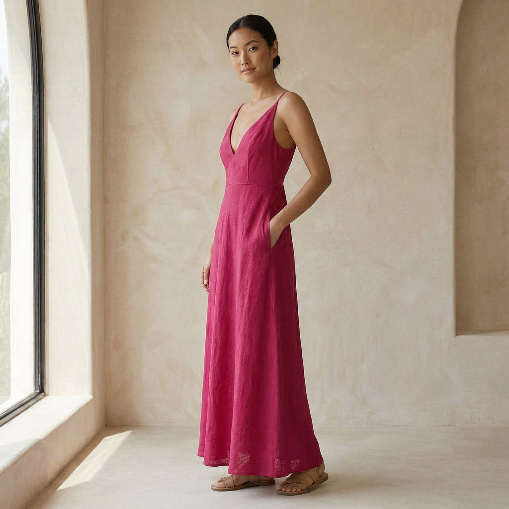 Pink Cotton Poplin Deep V-Neck Cami Maxi Dress