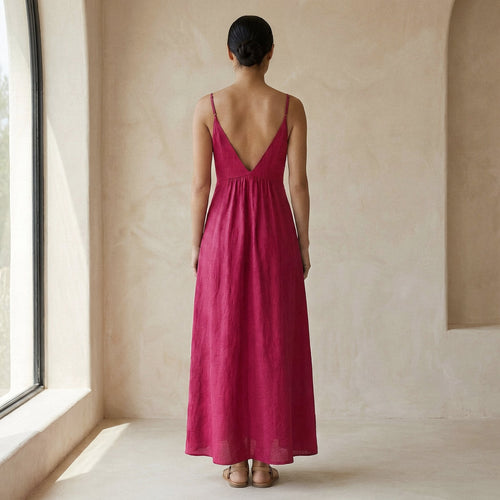 Pink Cotton Poplin Deep V-Neck Cami Maxi Dress