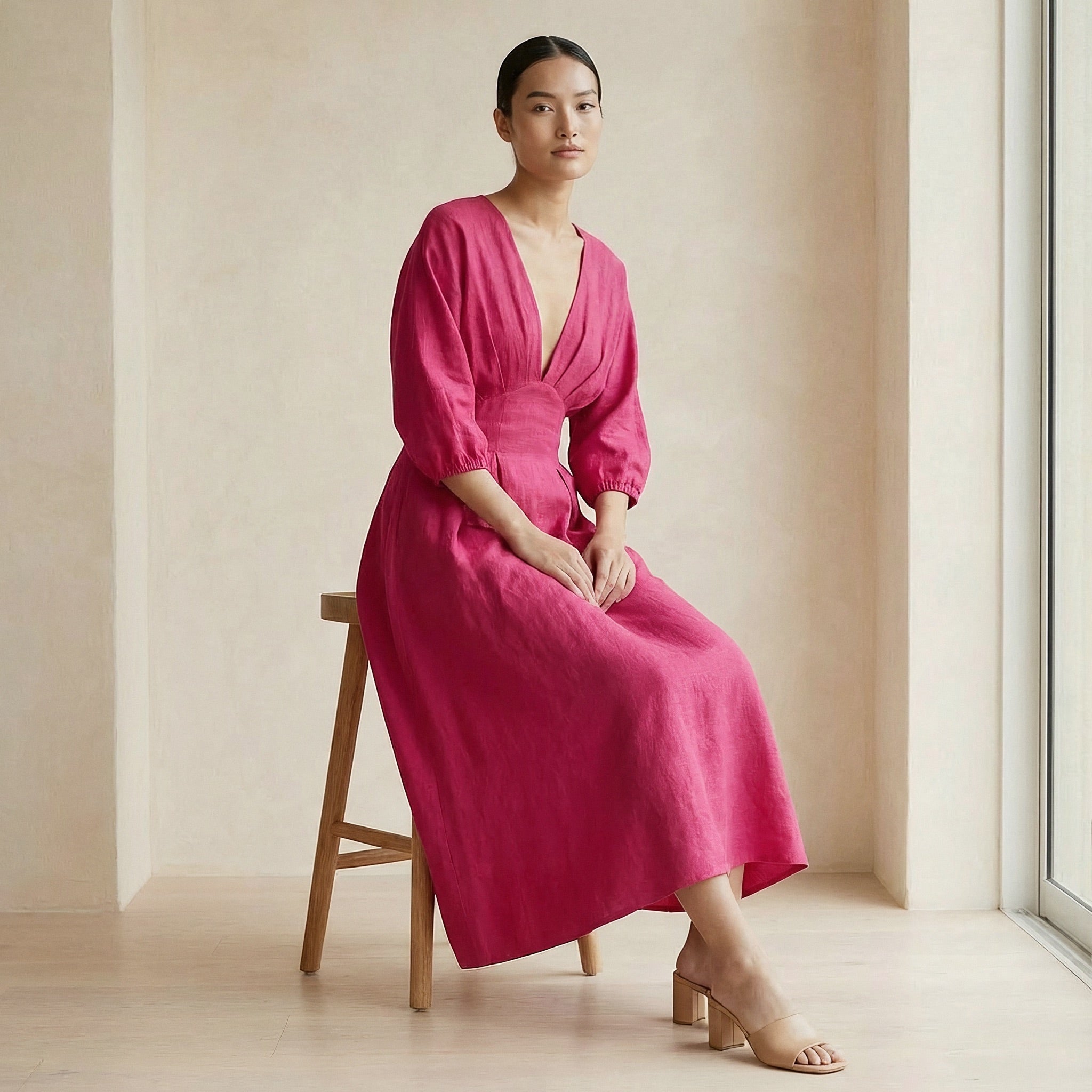 Pink Cotton Poplin Deep-V Neck Empire Waist Maxi Dress