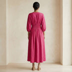 Pink Cotton Poplin Deep-V Neck Empire Waist Maxi Dress