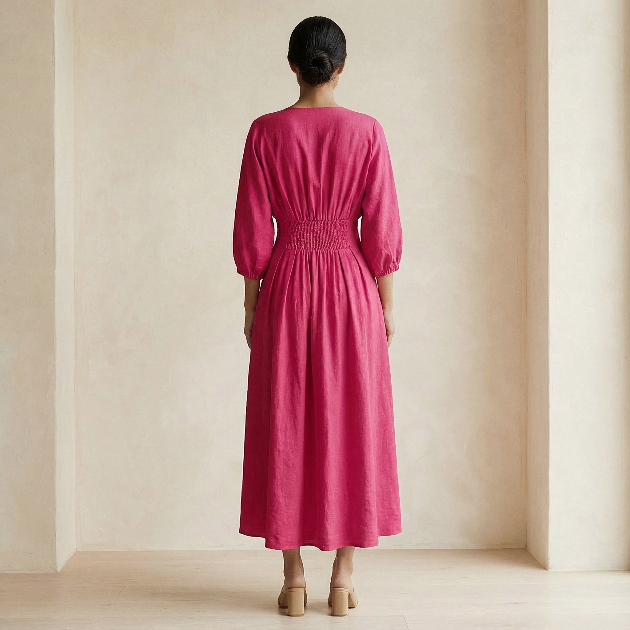 Pink Cotton Poplin Deep-V Neck Empire Waist Maxi Dress