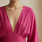 Pink Cotton Poplin Deep-V Neck Empire Waist Maxi Dress