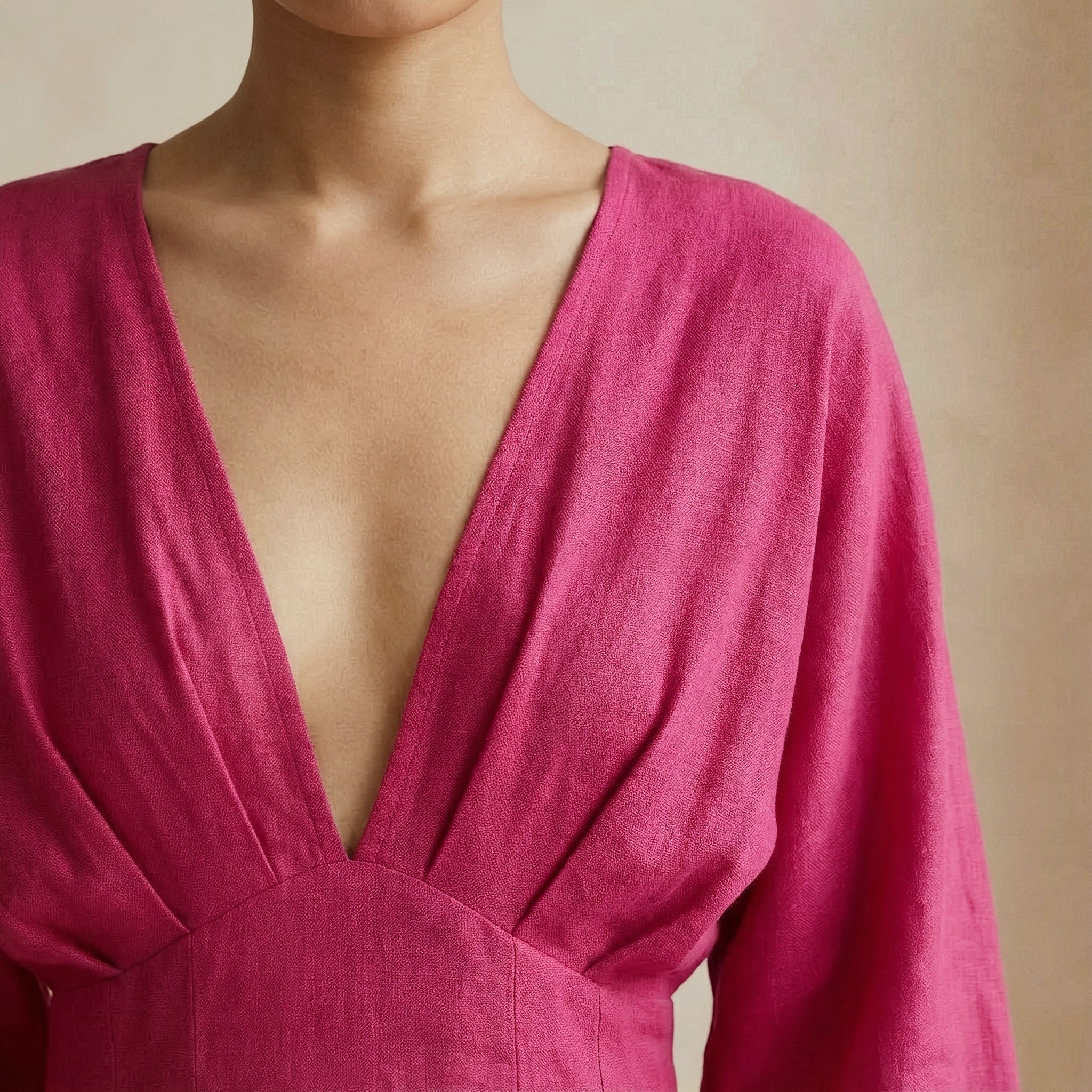 Pink Cotton Poplin Deep-V Neck Empire Waist Maxi Dress
