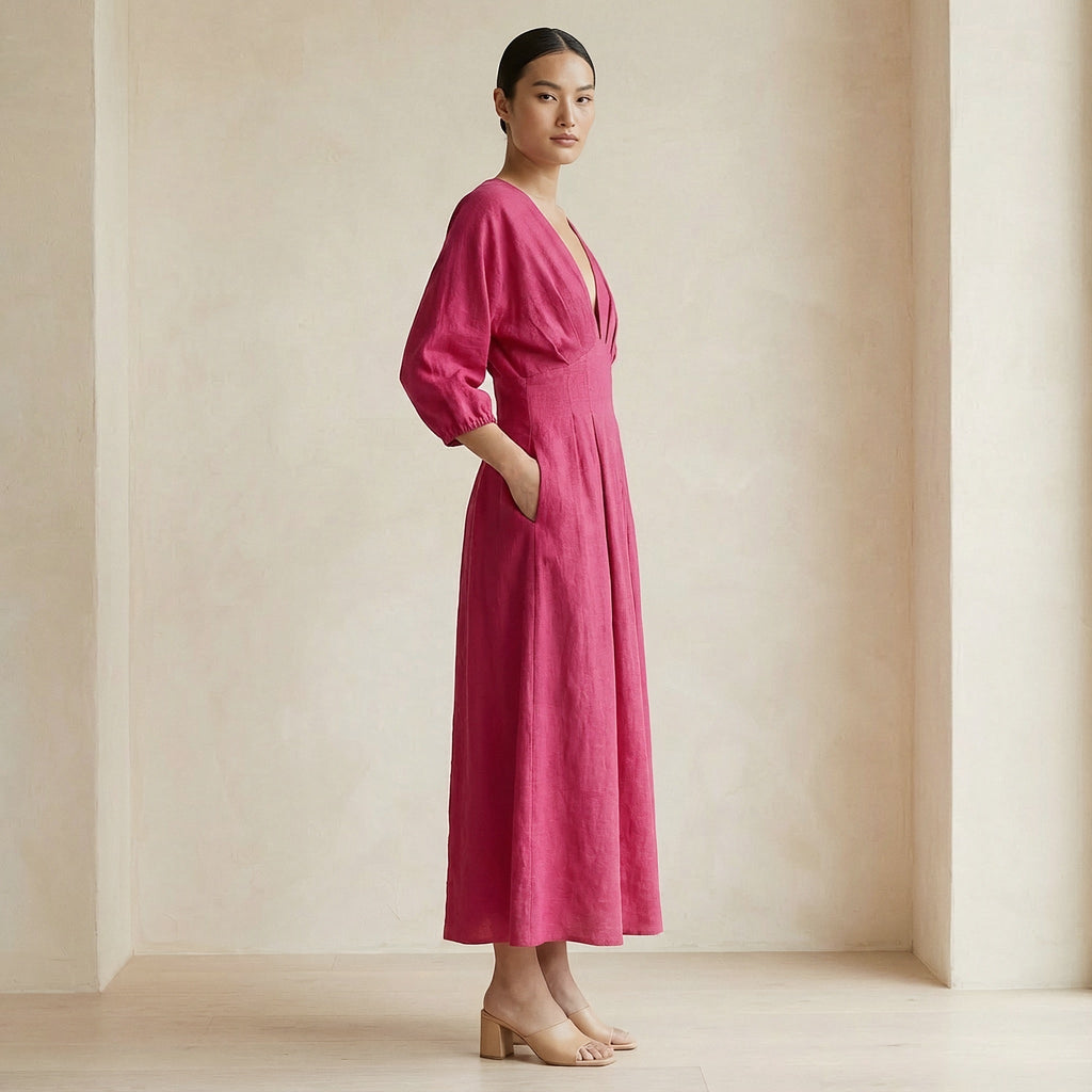Pink Cotton Poplin Deep-V Neck Empire Waist Maxi Dress