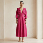 Pink Cotton Poplin Deep-V Neck Empire Waist Maxi Dress