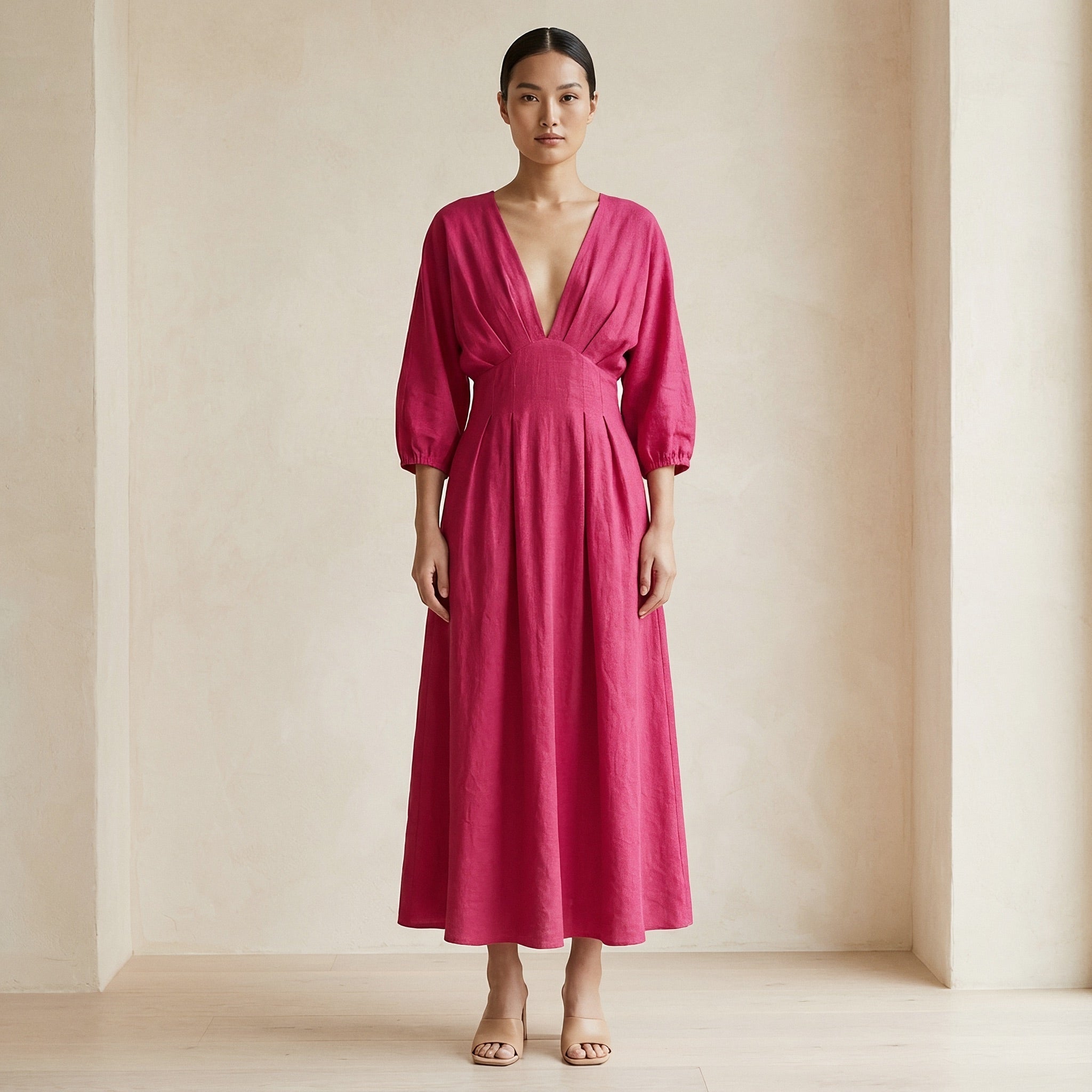 Pink Cotton Poplin Deep-V Neck Empire Waist Maxi Dress