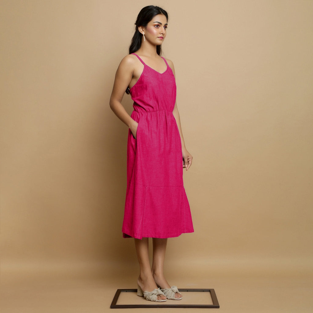 Pink Cotton Poplin Elasticated Midi Cami Dress