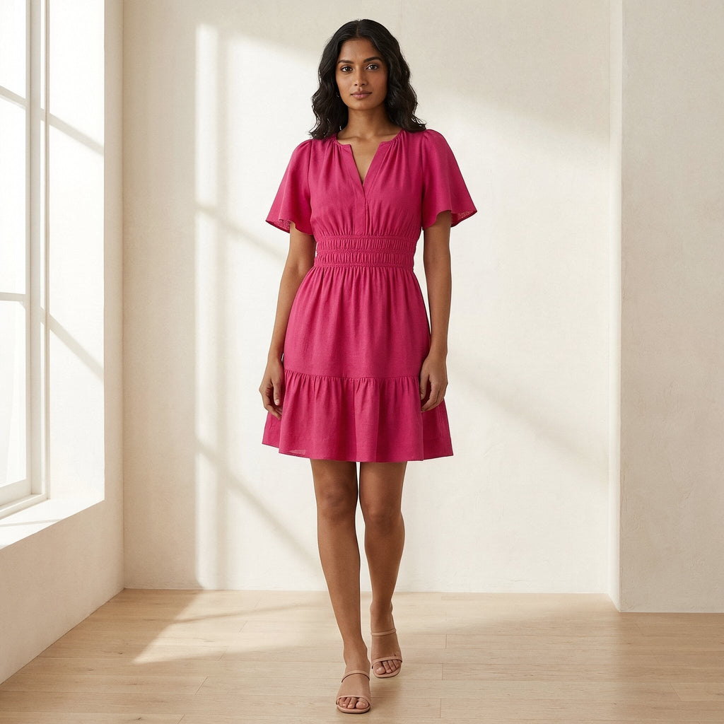 Pink Cotton Poplin Elasticated Short Tier Dress