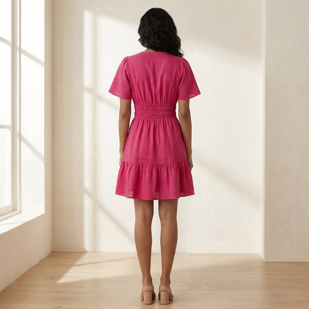 Pink Cotton Poplin Elasticated Short Tier Dress