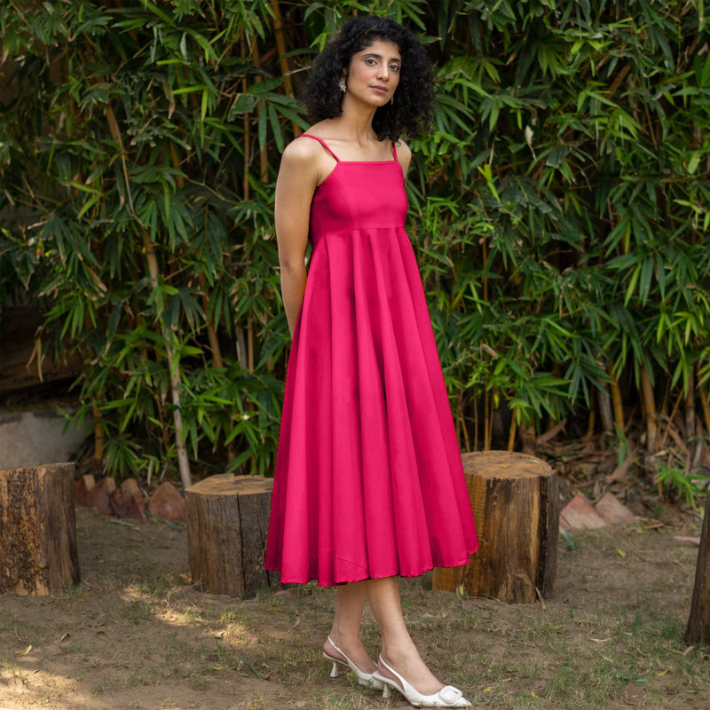 Pink Cotton Poplin Fit and Flare Midi Empire Dress