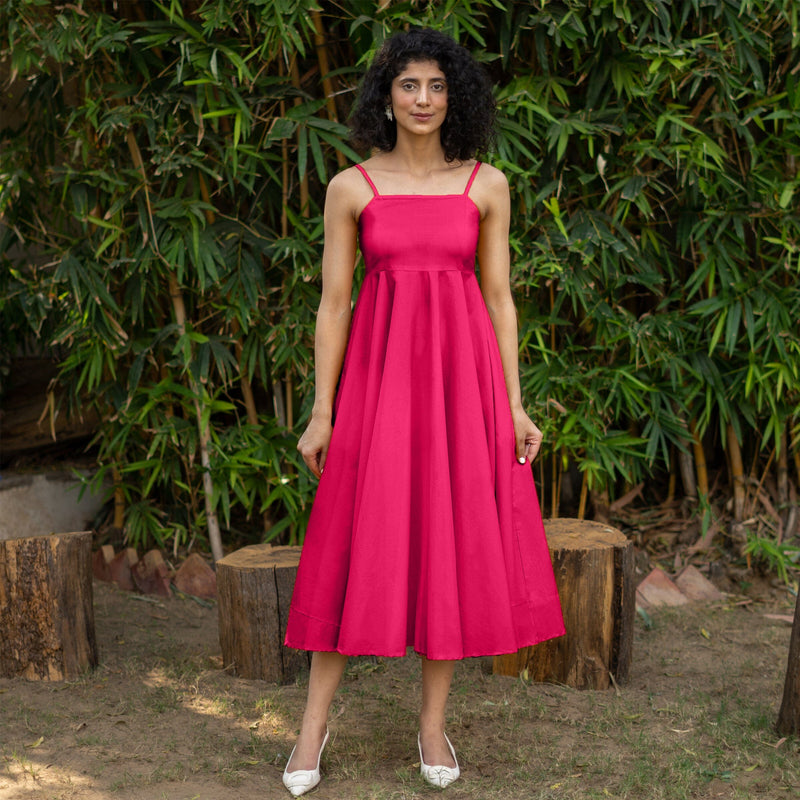 Pink Cotton Poplin Fit and Flare Midi Empire Dress