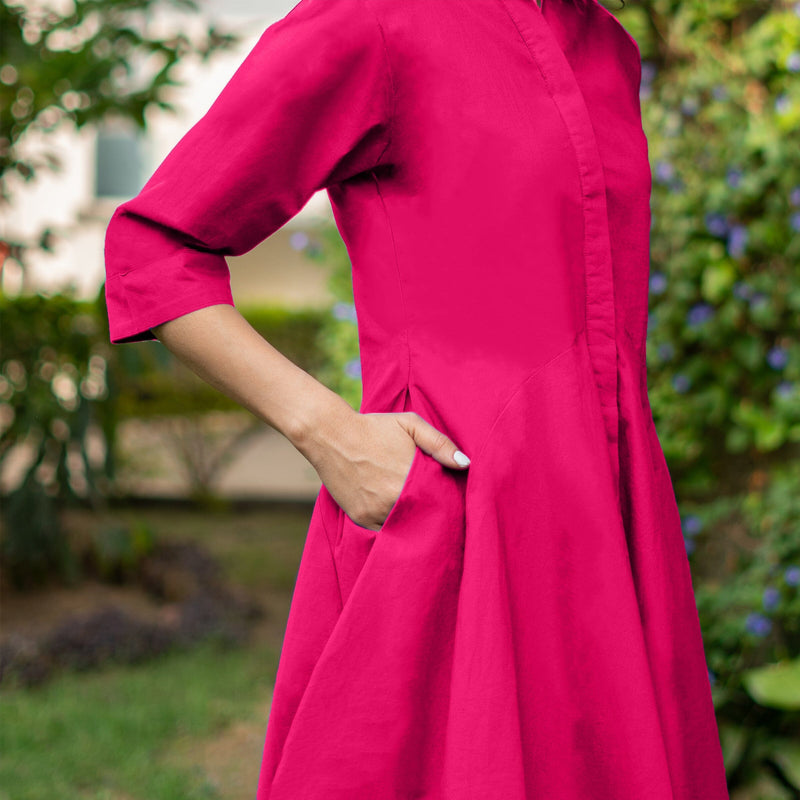 Pink Cotton Poplin Fit and Flare Short Button-Down Shirt Dress