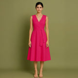 Pink Cotton Poplin Fit and Flare Sleeveless Midi Dress